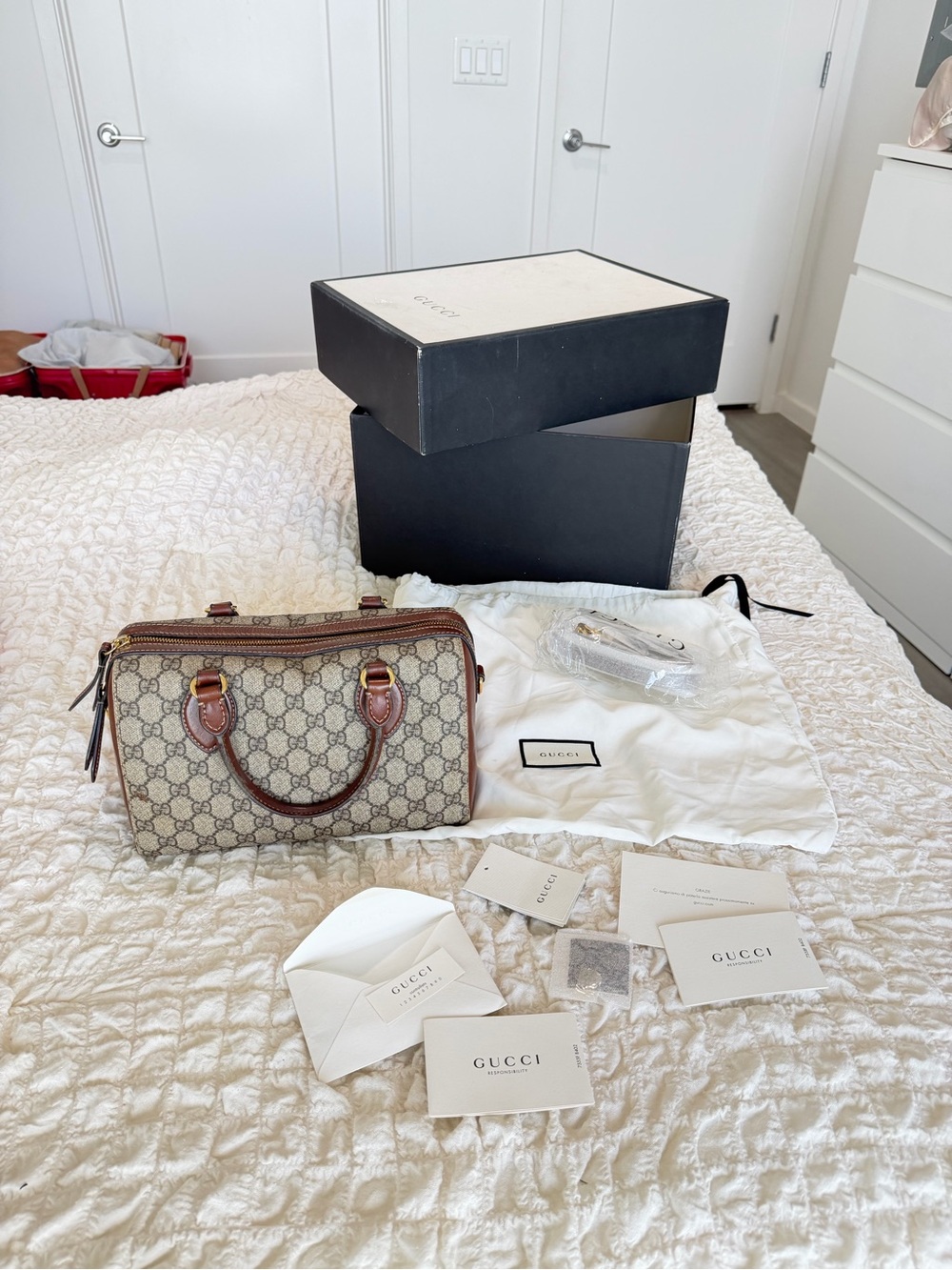 GUCCI Beige GG Supreme Boston with Brown Leather Trims - pristine conditions